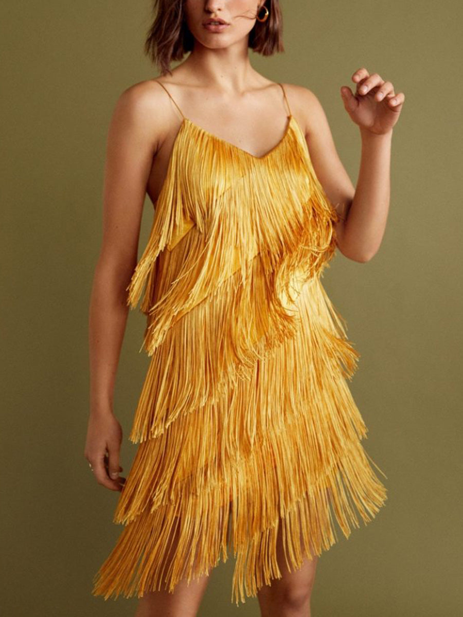 Fashion Fringed V-neck Suspender Mini Dress