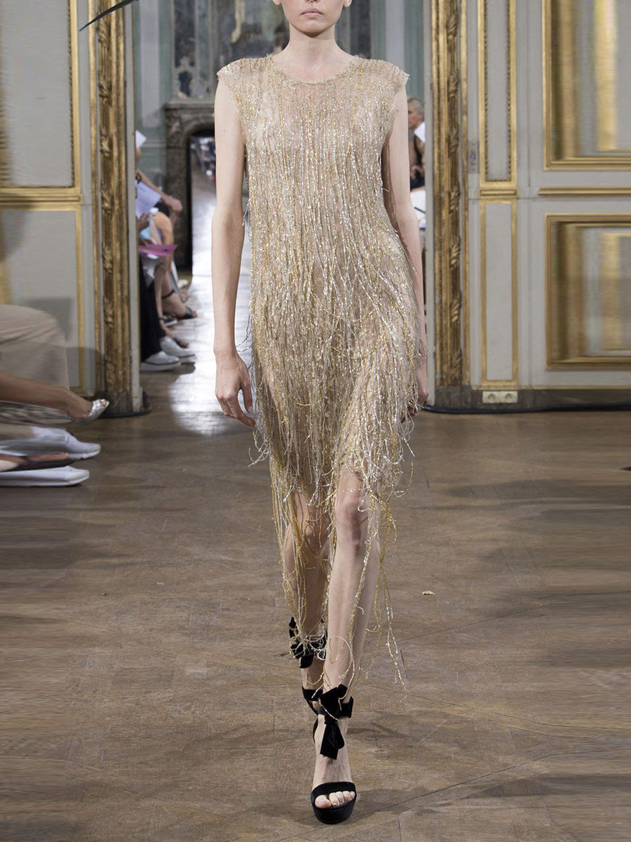 Fringed Round Neck Sleeveless Slim Evening Dress