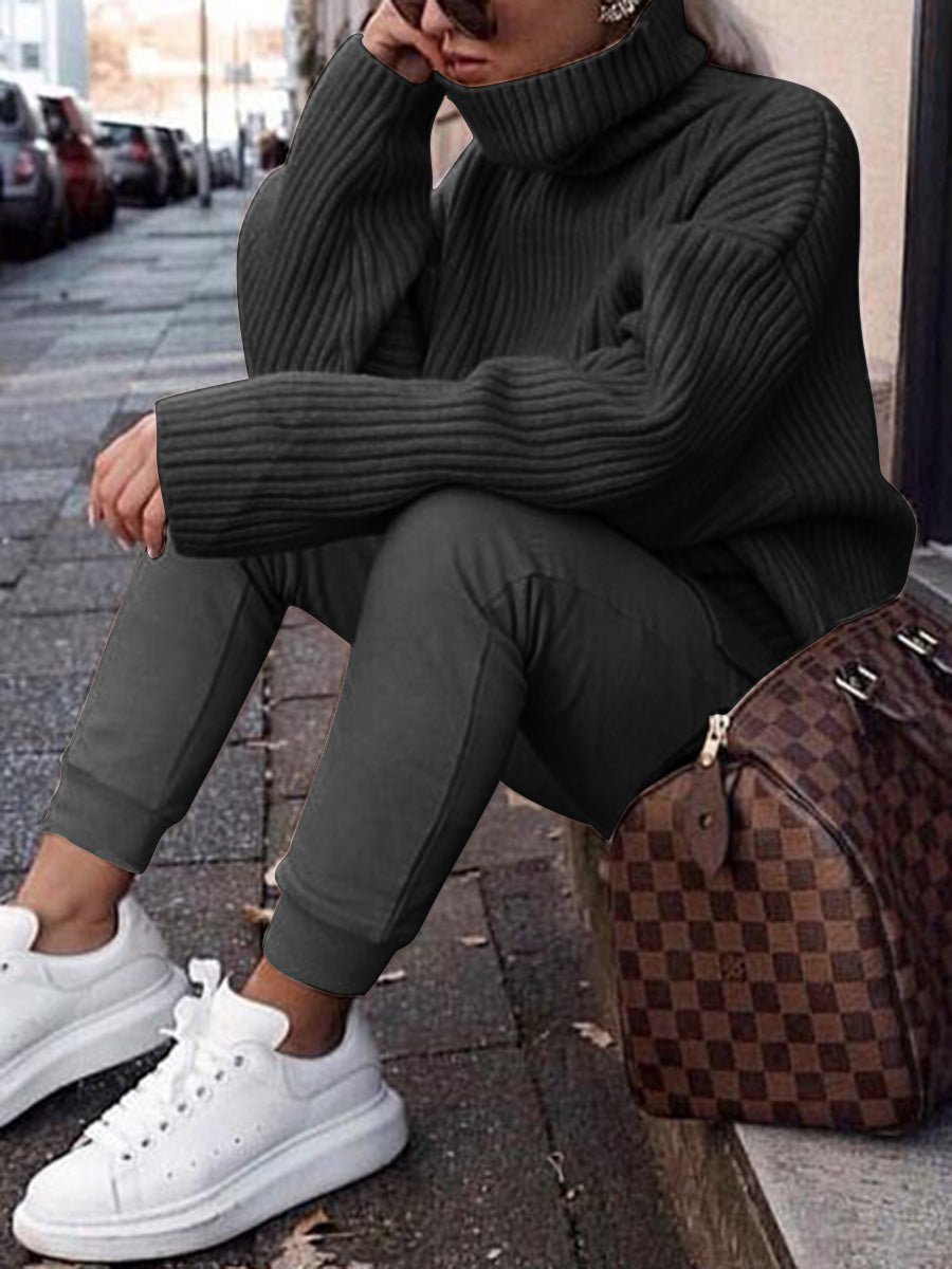 Fashion High Collar Casual Long Sleeve Solid Color Two-piece Suit