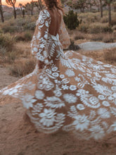 Load image into Gallery viewer, Deep V Mesh Embroidered Puff Sleeve Halter Wedding Dress
