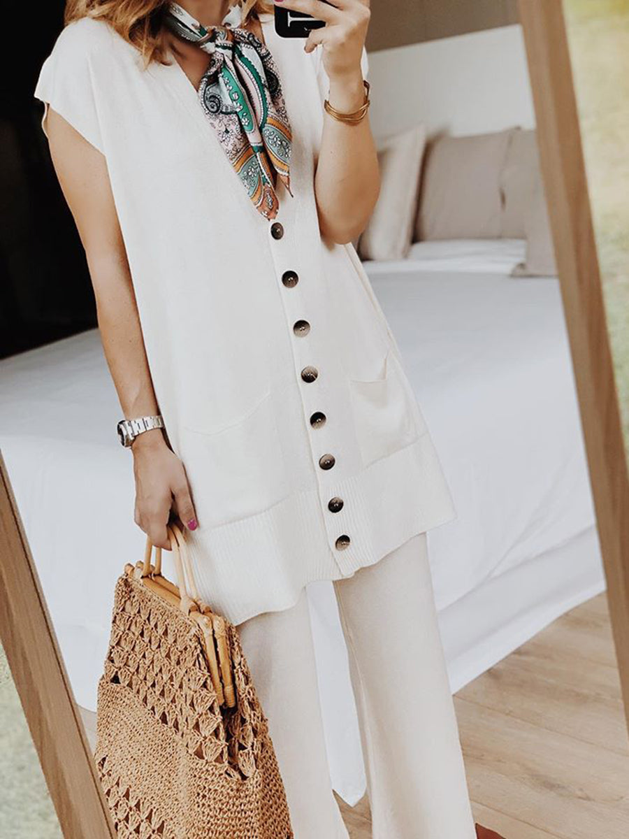Two-piece V-neck Sleeveless Breast Button Design
