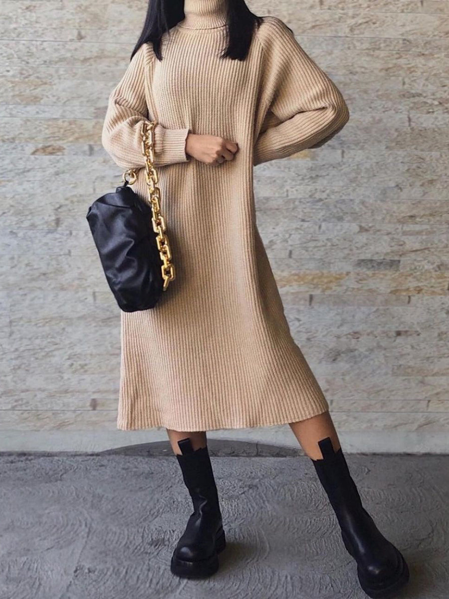 Fashion Knitted High Neck Loose Casual Sweater Dress
