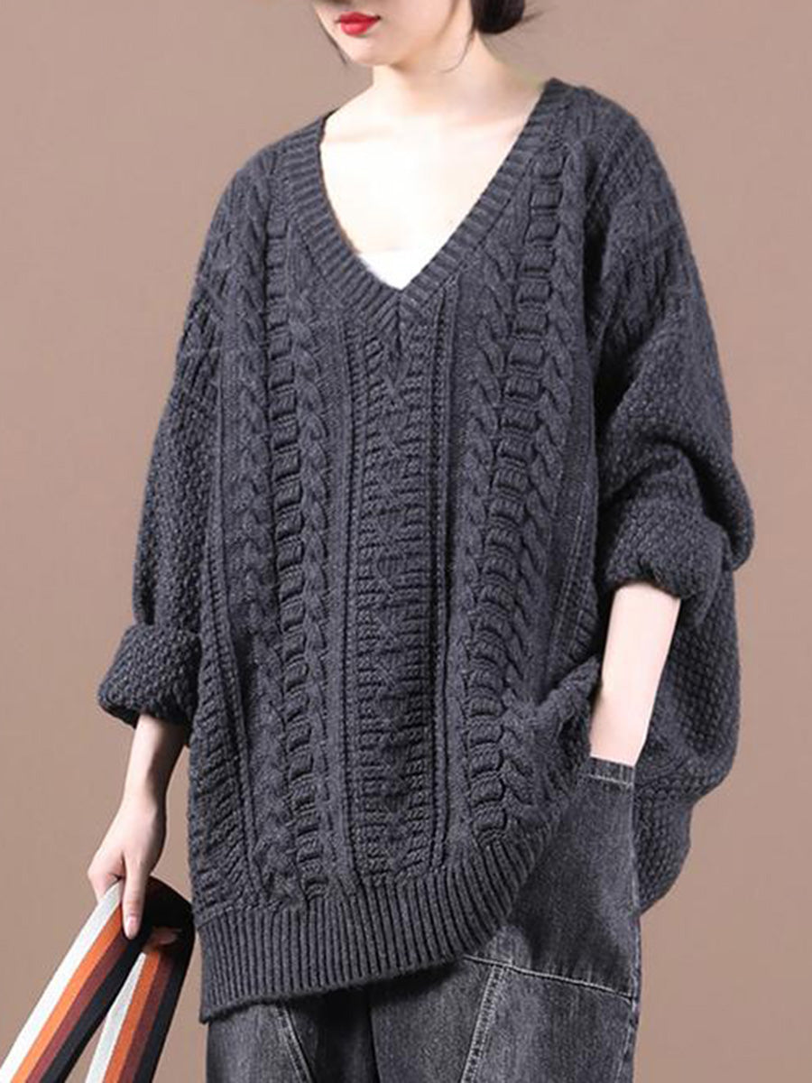 Loose V-neck Solid Color Long-sleeved Casual Sweater