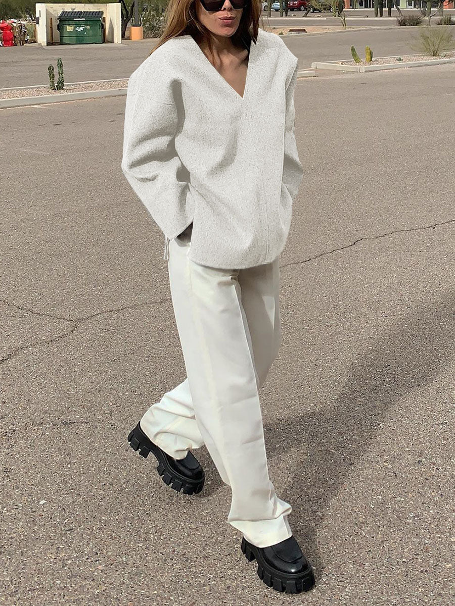 Solid Color V-Neck Long Sleeve Suit