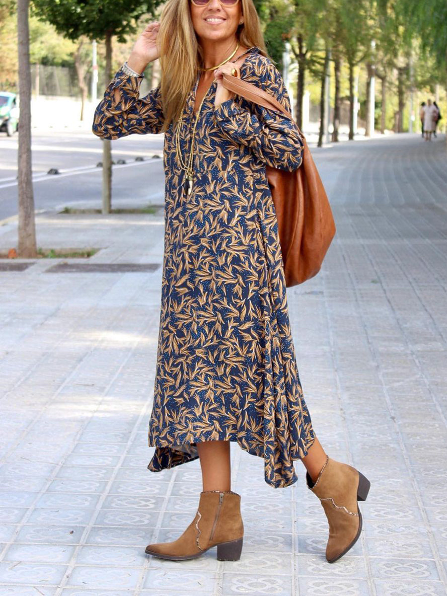 Retro Leaf Print Holiday Women'S Dress