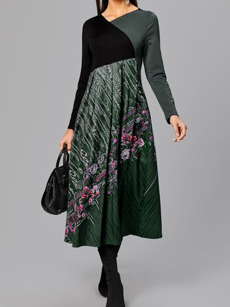 Fashion Casual Floral Print V-neck Long Sleeve Stitching Dress