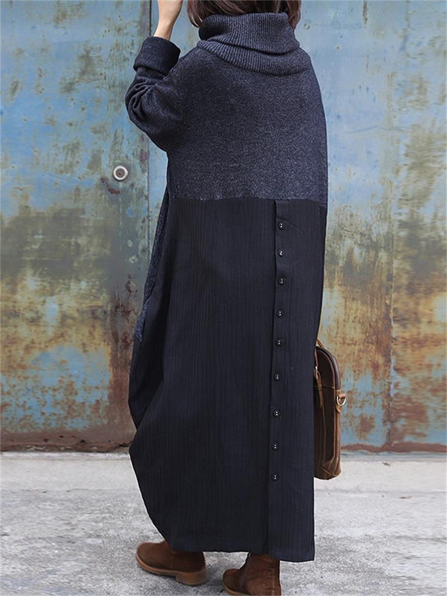 Retro High Neck Stitching Women'S Sweater Dress