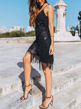 Load image into Gallery viewer, Sexy Solid Color V-neck Fringed  Mini Dress
