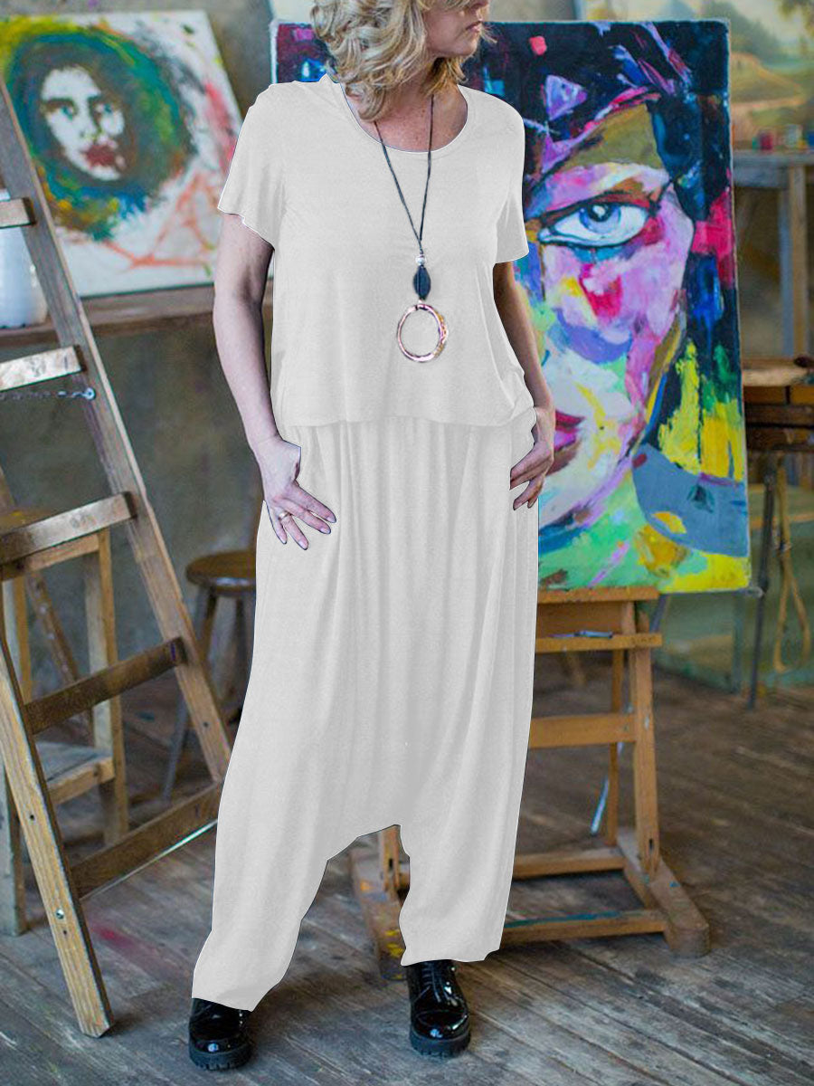 Pure Color Short Sleeve Tops Loose Overalls Pant Suits