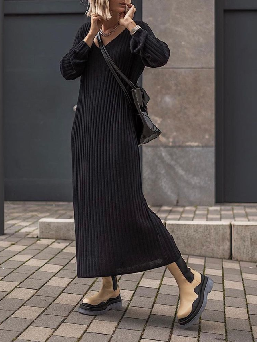 Pure Color V-neck Long-sleeved Casual Knitted Sweater Dress