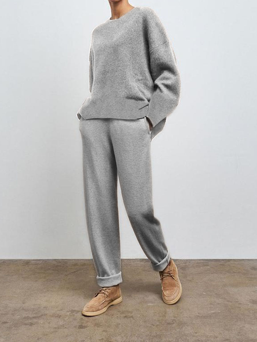 Simple Casual Loose Round Neck Blouse Pants Knitted Suit