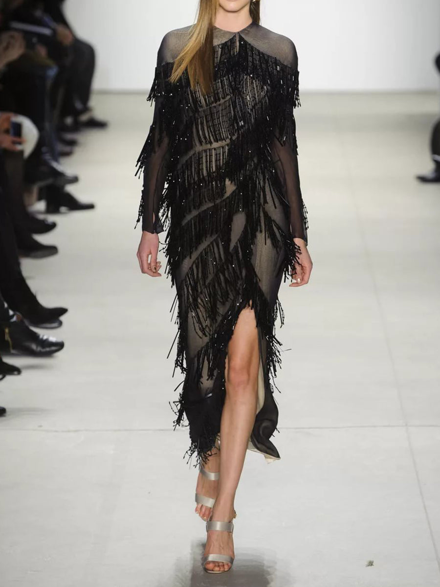 Fringed Lace Stitching Long Sleeve Evening Dress