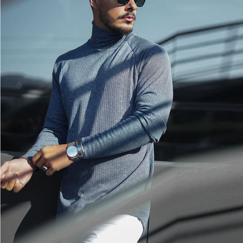 Men'S Fashion High Collar Casual Solid Color Long Sleeve T-Shirt