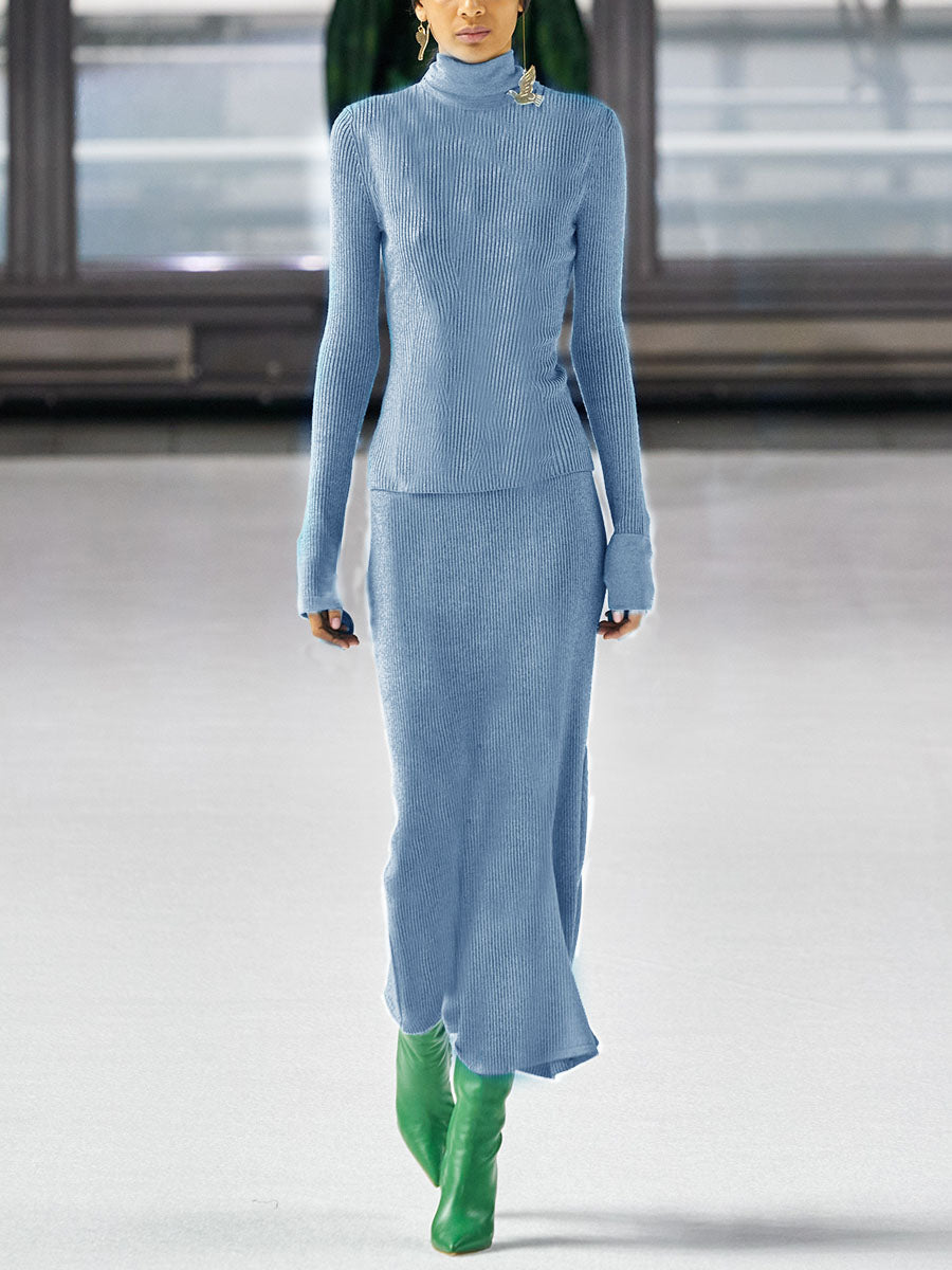 Knitted Thin Turtleneck Sweater Slim-fit Skirt Two-piece Suit