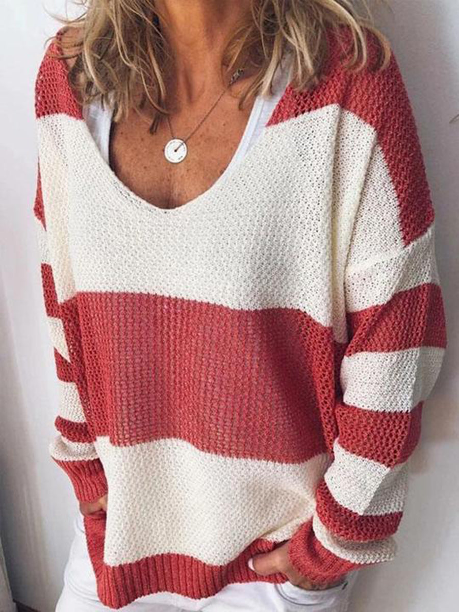 Women's Hollow-Carved Striped V-Neck Sweater