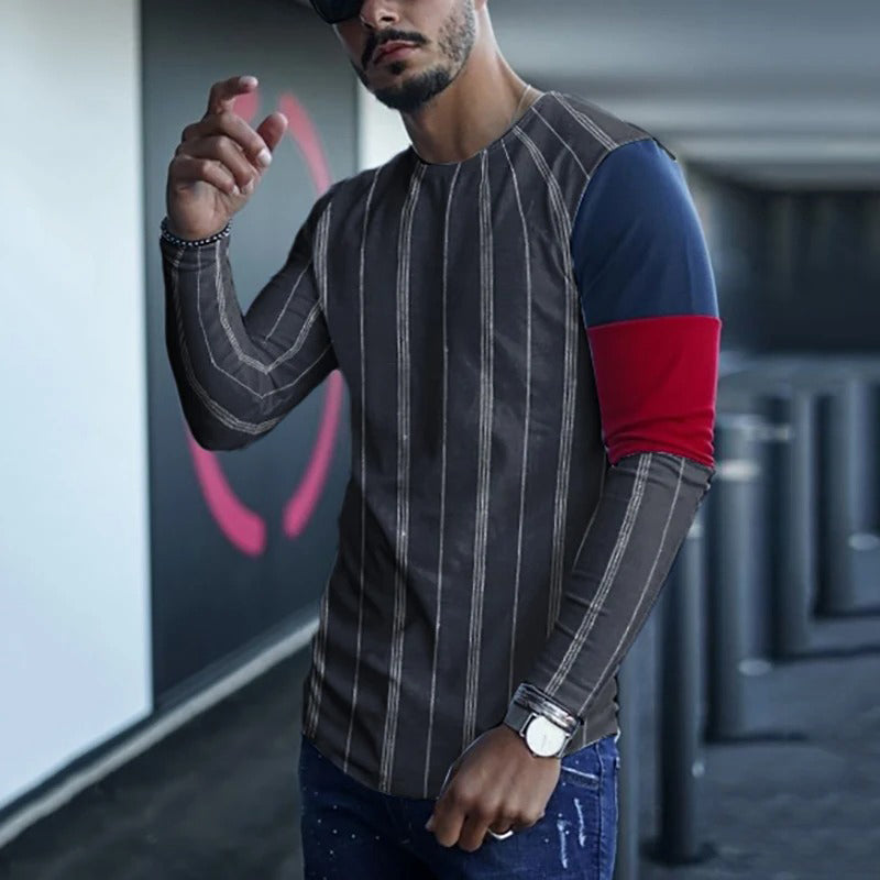 Fashion Round Neck Stitching Striped T-Shirt