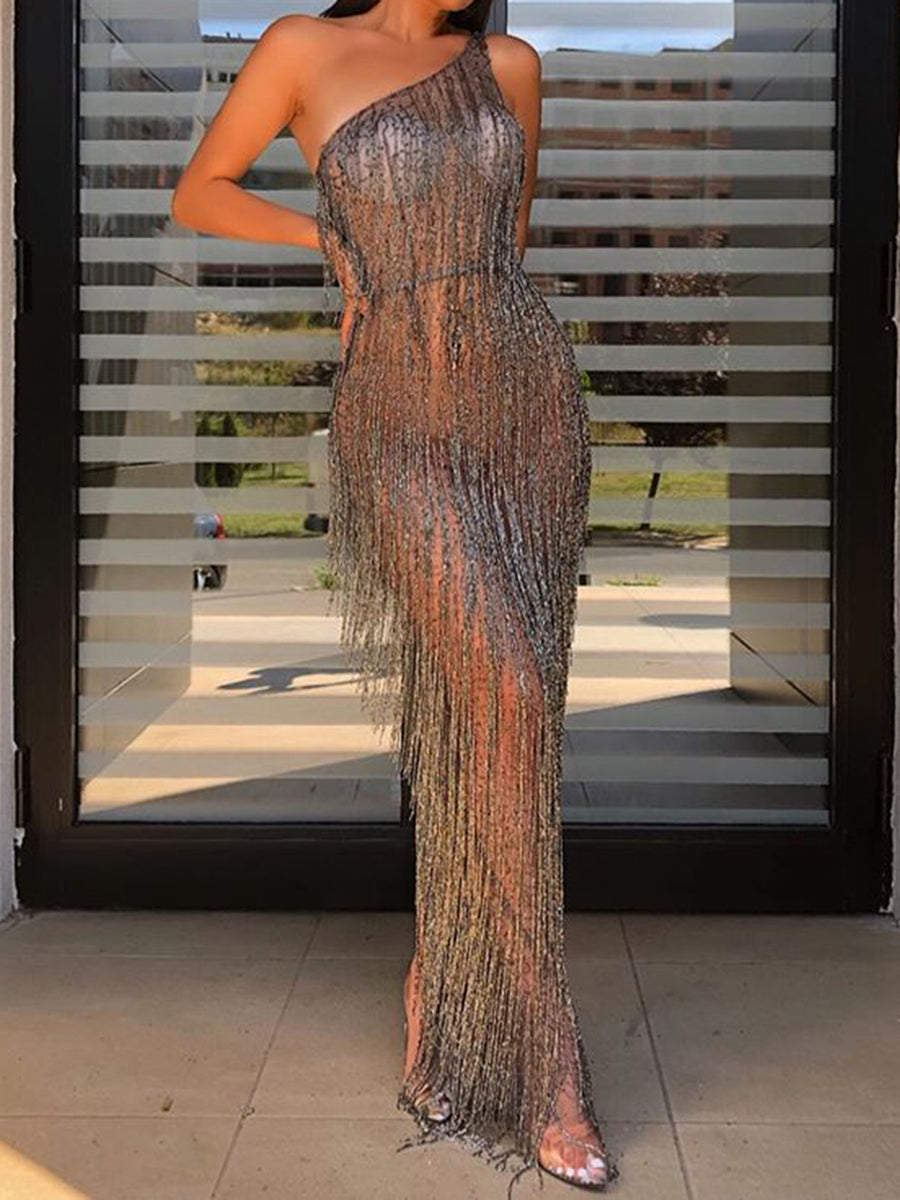 Fashion Sleeveless Single Room Tassel Evening Dress