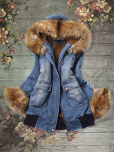 Load image into Gallery viewer, Trendy Furry Hooded Denim Women&#39;s Jacket with Pockets
