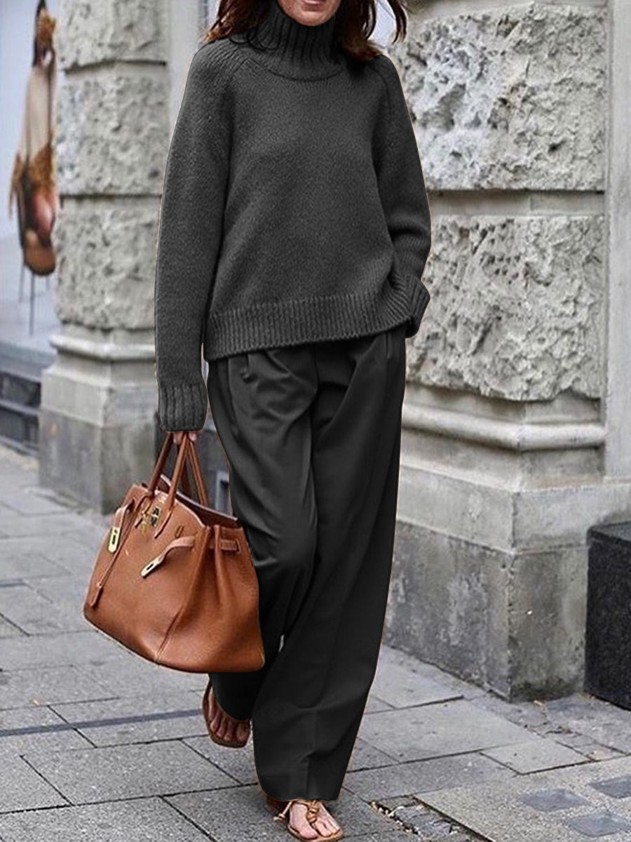 Fashion Casual Loose High Neck Long Sleeve Solid Color Two-piece Suit