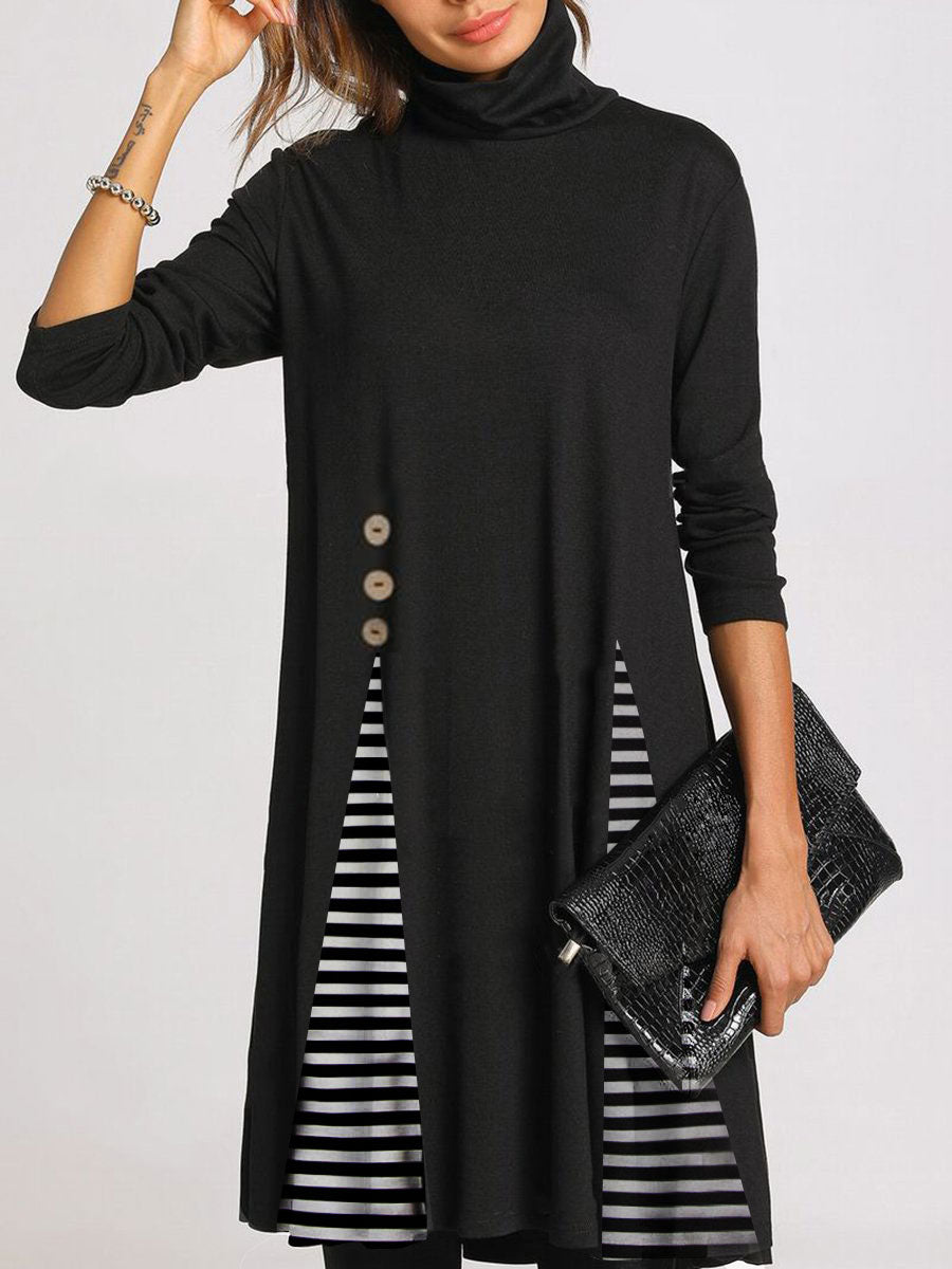 Turtleneck Solid Color Stripe Stitching Casual Dress