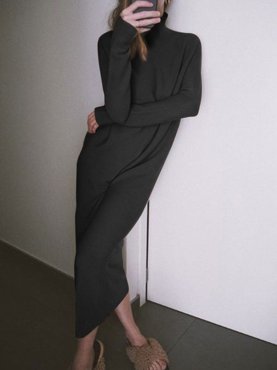 Pure Color High Neck Casual Knitted Sweater Dress