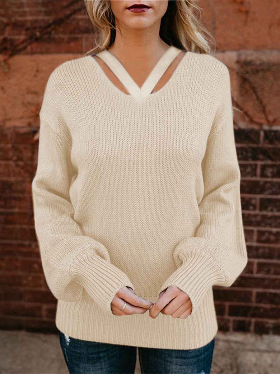 Comfortable Solid Color Warm V-Neck Knitted Long-Sleeved Sweater