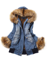 Load image into Gallery viewer, Trendy Furry Hooded Denim Women&#39;s Jacket with Pockets
