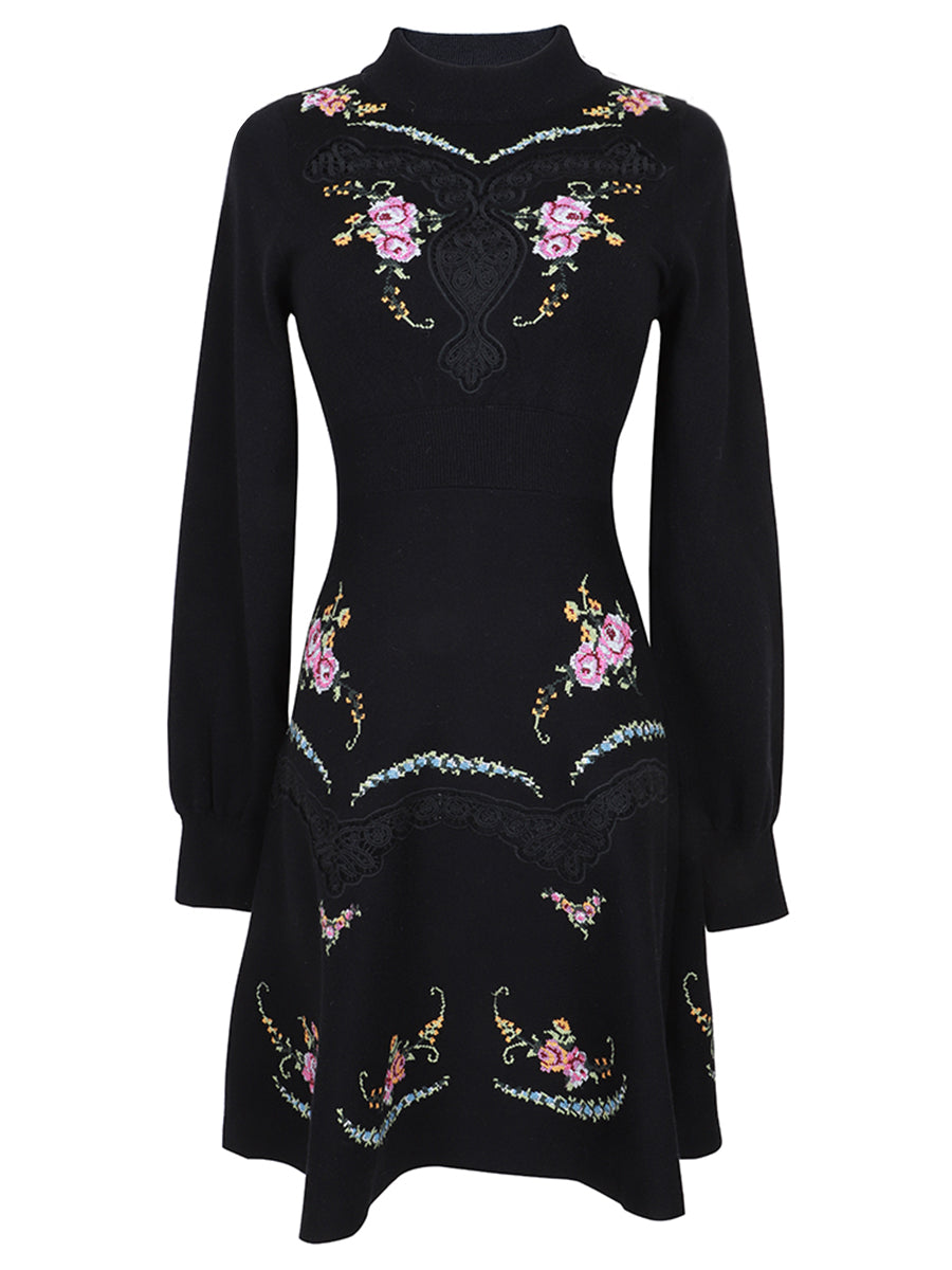 Half High Collar Printed Lantern Sleeves Dress