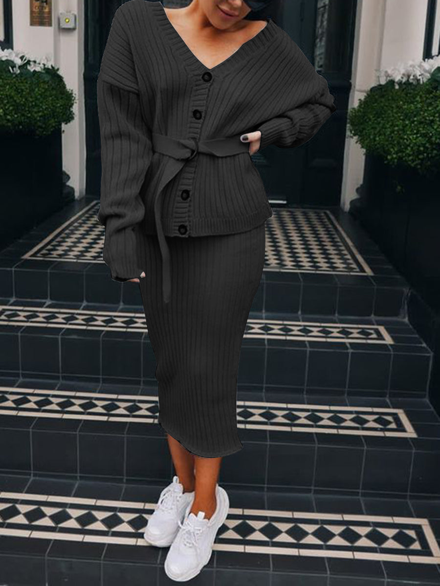 Fashion V-neck Long Sleeve Belt Design Solid Color Two-piece Suit