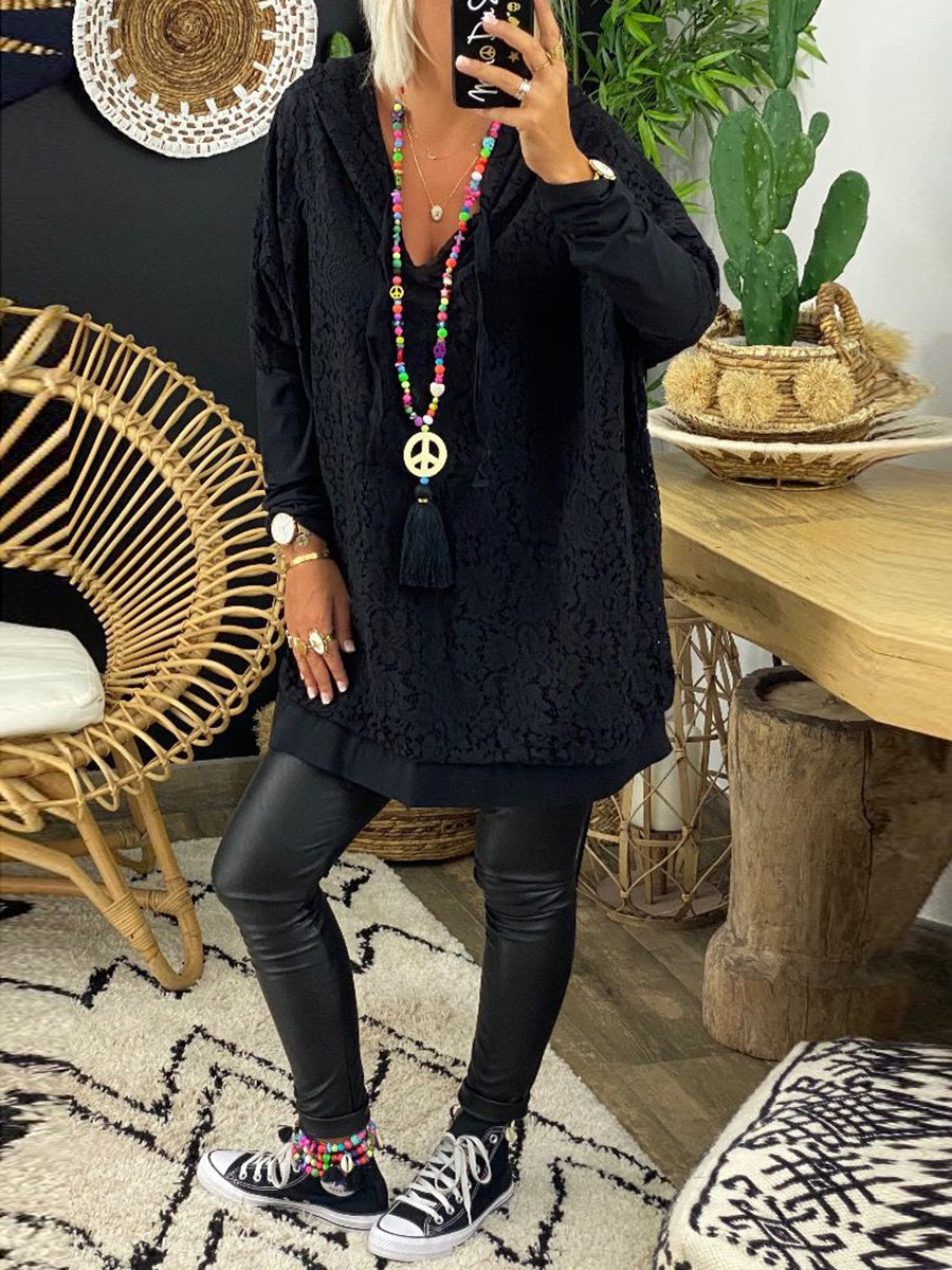 Pure Color V-neck Lace Casual Top