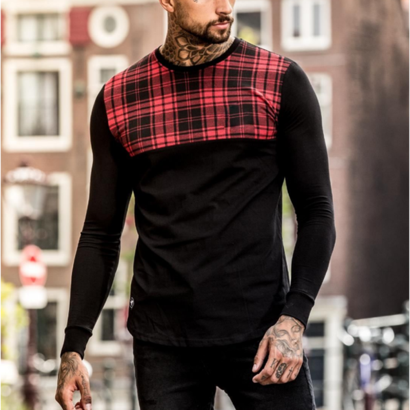 Men'S Fashion Check Pattern Contrast Long Sleeve T-Shirt