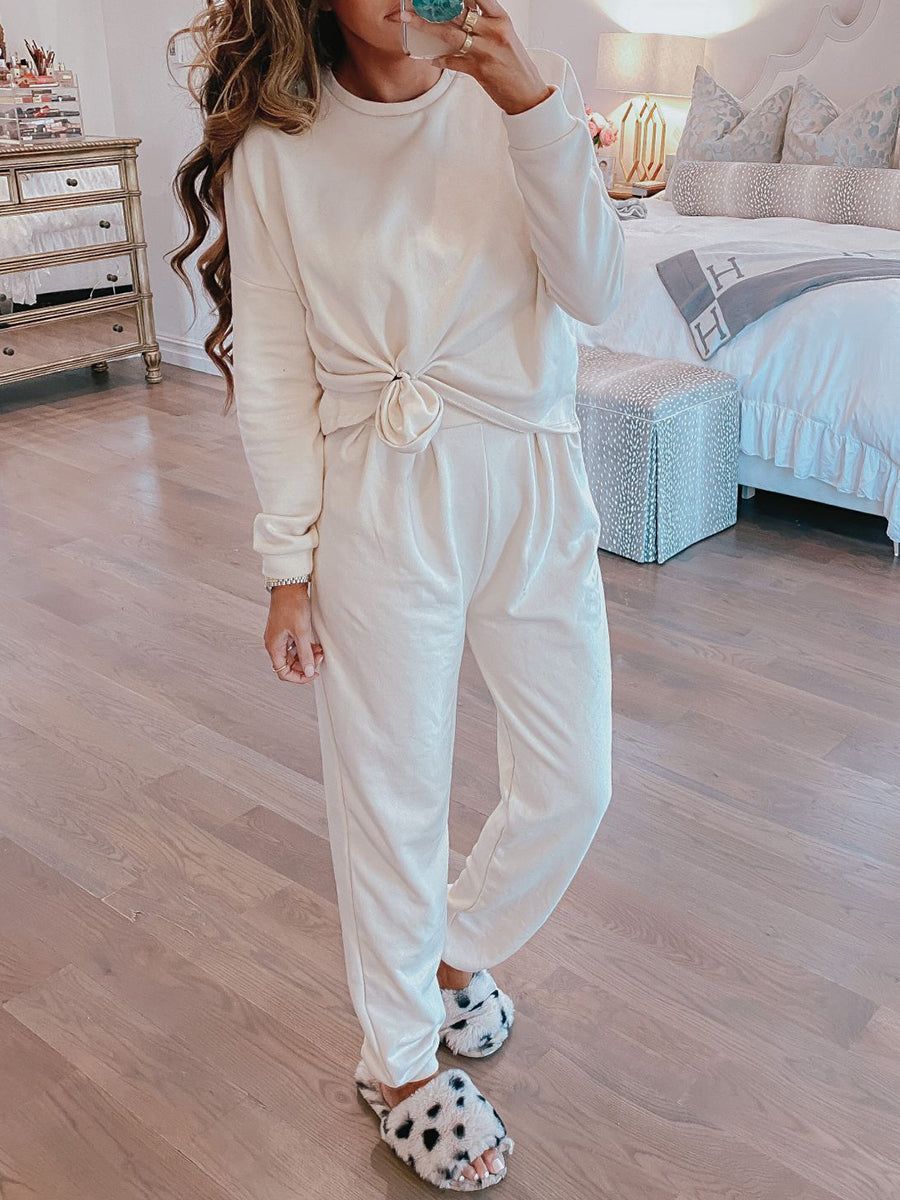 Two-piece Suit of Solid Color Casual Top and Loose Trousers