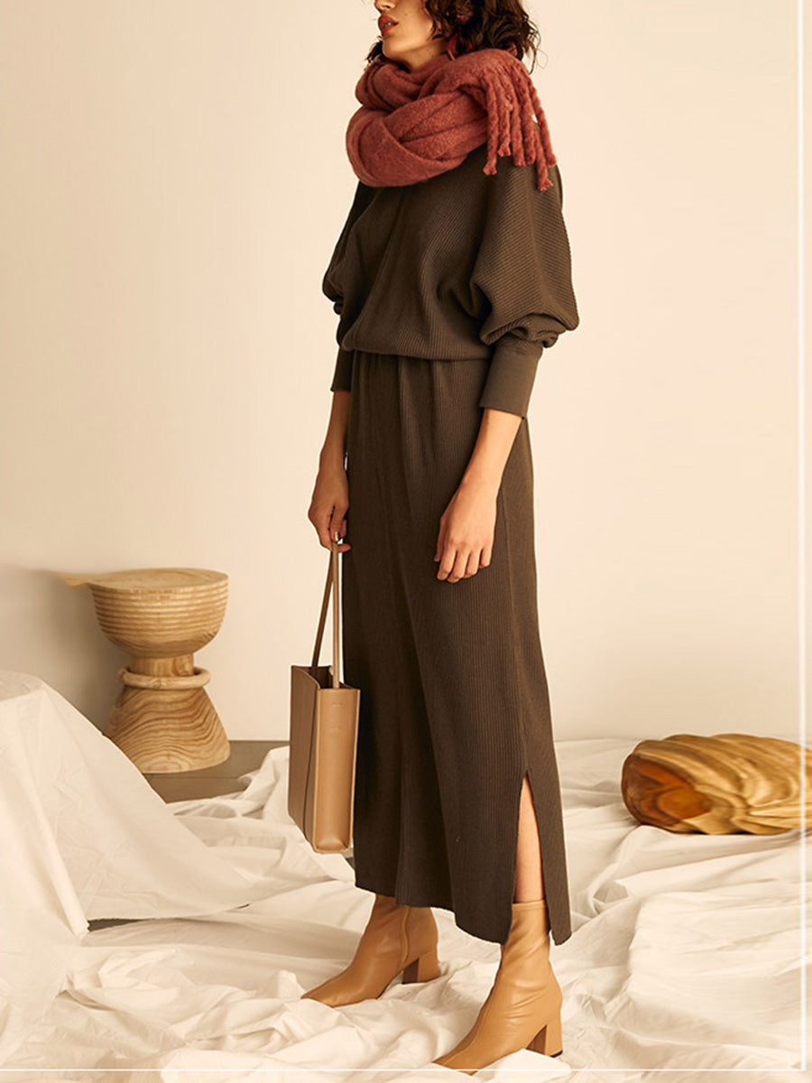 Pure Color Casual Long Skirt Knitted Two-Piece Suit