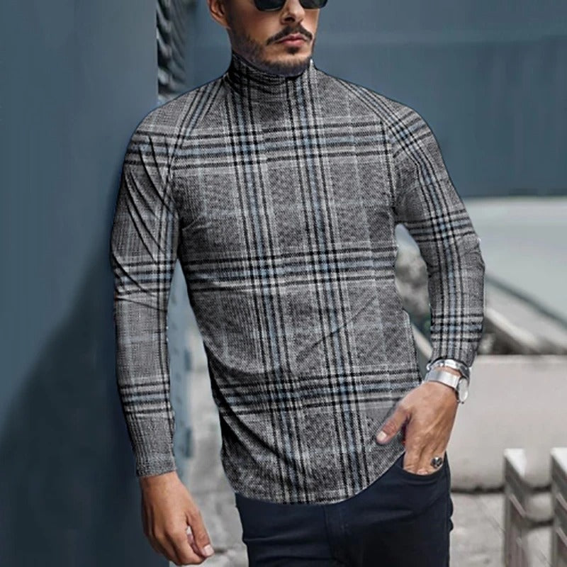 Men'S Casual Plaid High Neck T-Shirt