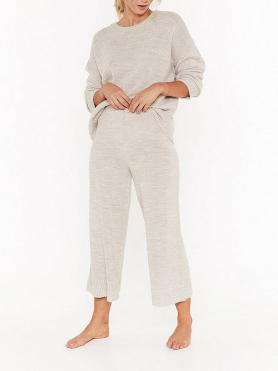 Pure Color Fashion Casual Round Neck Knitted Two-Piece Suit