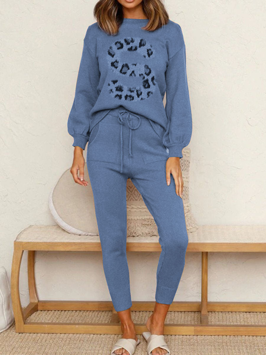 Letter Printed Round Neck Knitted Two-piece Pants Suit