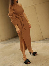 Load image into Gallery viewer, Sexy One-shoulder Long-sleeved Split Knit Sweater Dress

