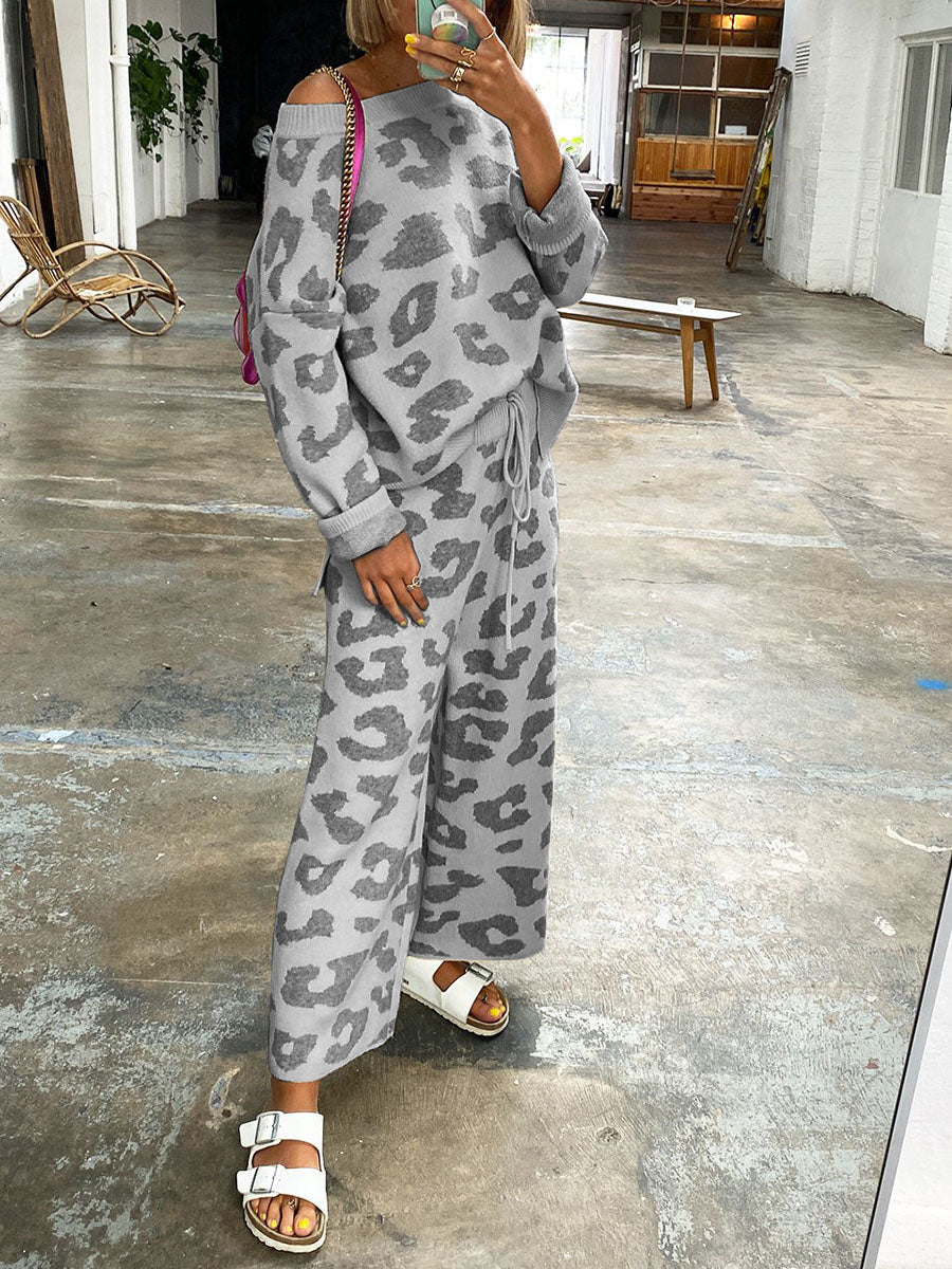 Casual Loose Round Neck Long Sleeve Top Pants Leopard Knitted Suit