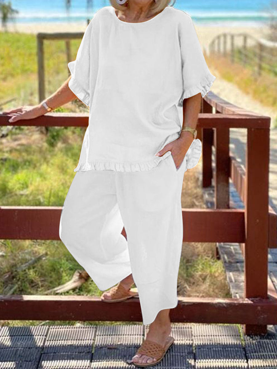 Casual Loose Round Neck Short Sleeve Top and Pants Suit