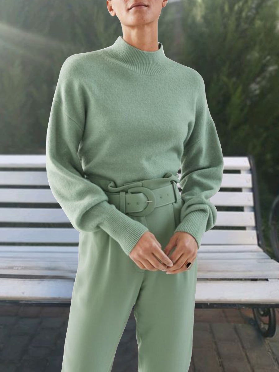 Women's High Collar Solid Color Casual Knitted Two-piece Suit