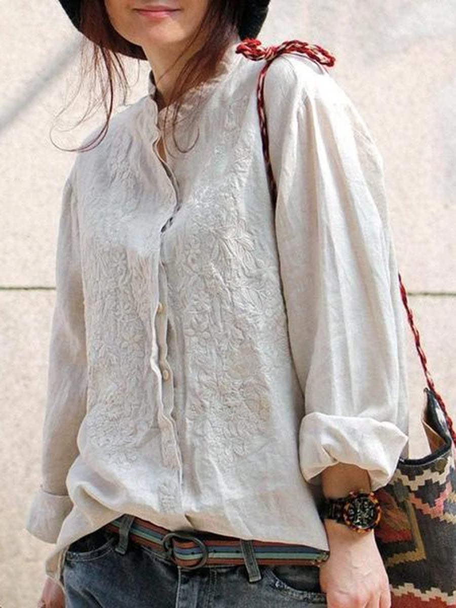 Women Retro Embroidered Loose Linen Shirt