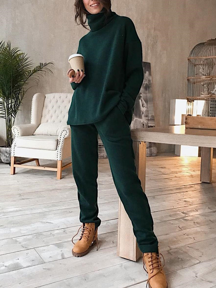 Pure Color High Collar Casual Two-piece Suit