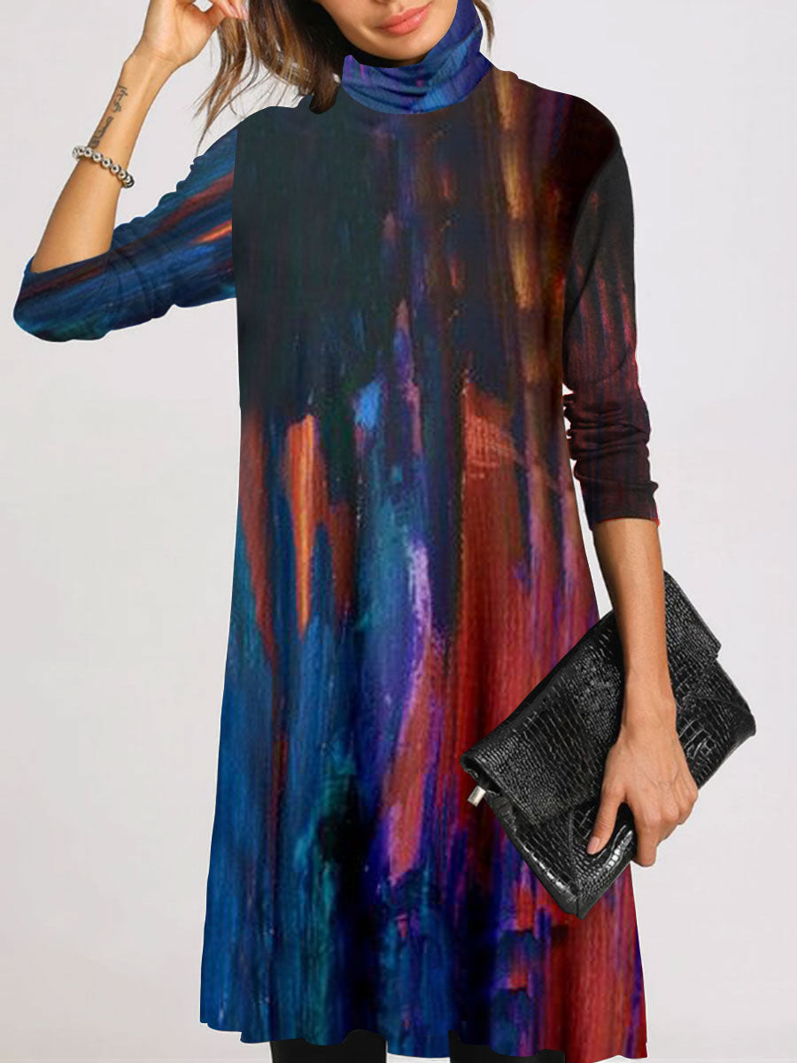 Tie-dye High Neck Long Sleeve Casual Loose Dress