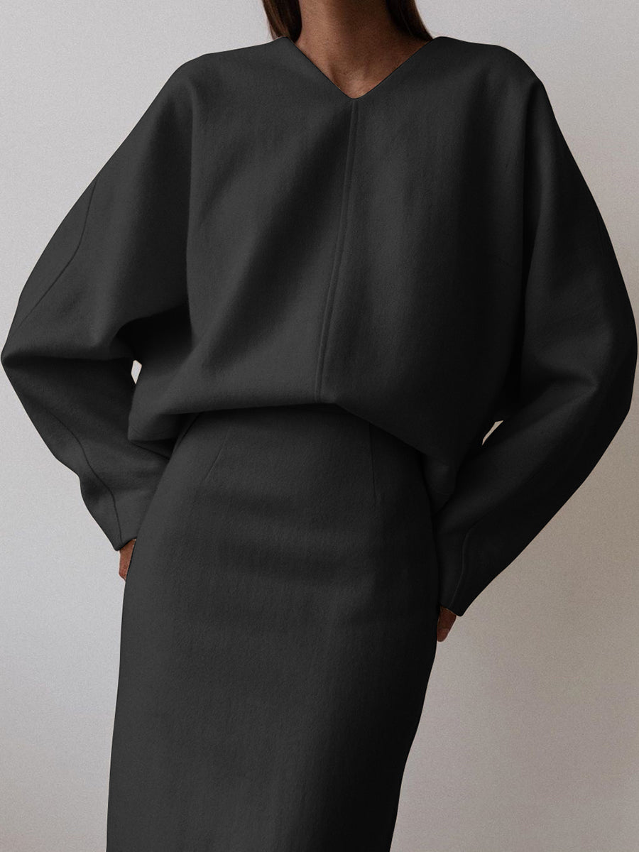Fashion Casual V-neck Long Sleeve Solid Color Two-piece Suit