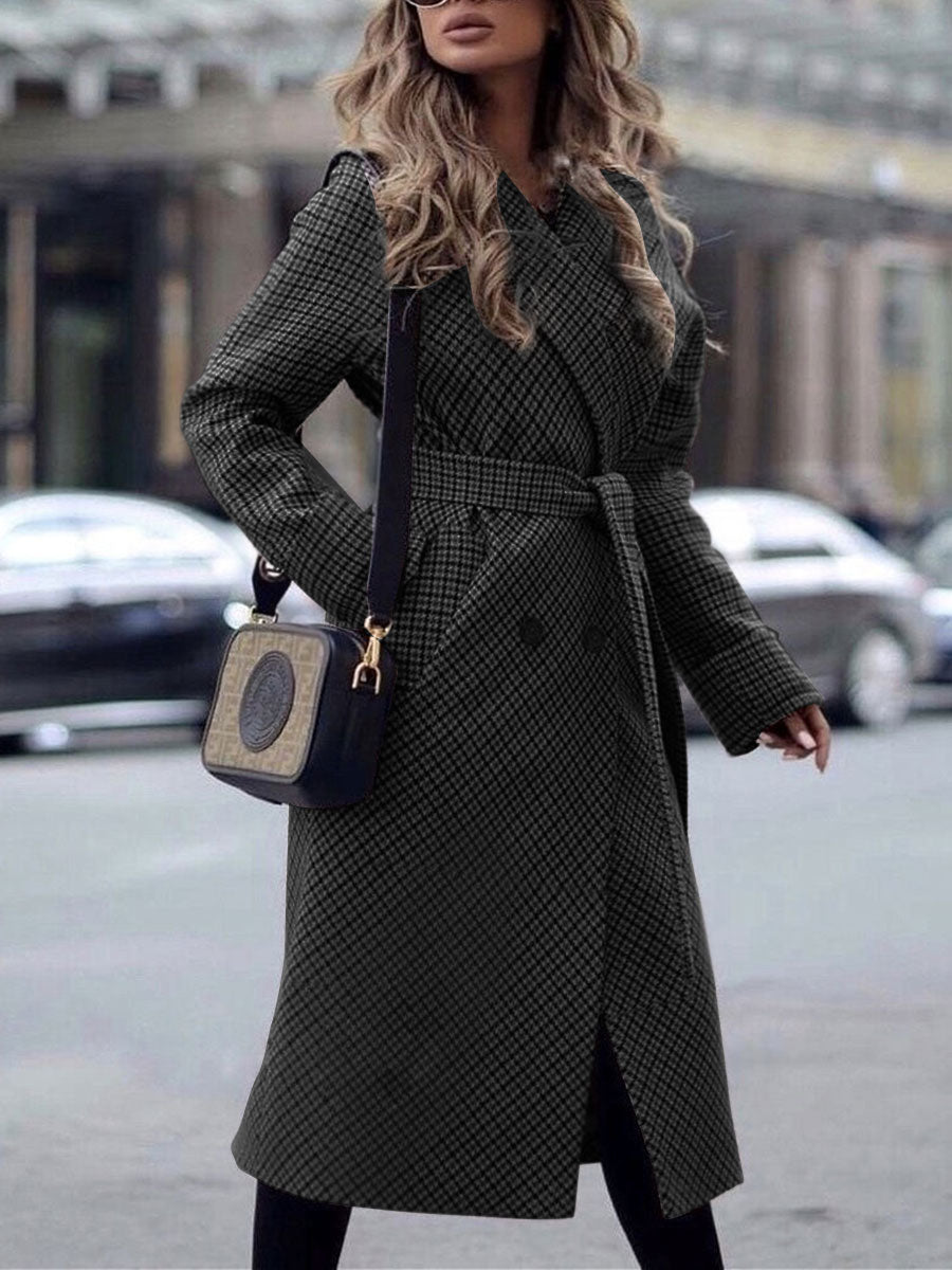 Fashion Lapel Fine Plaid Casual Long Coat