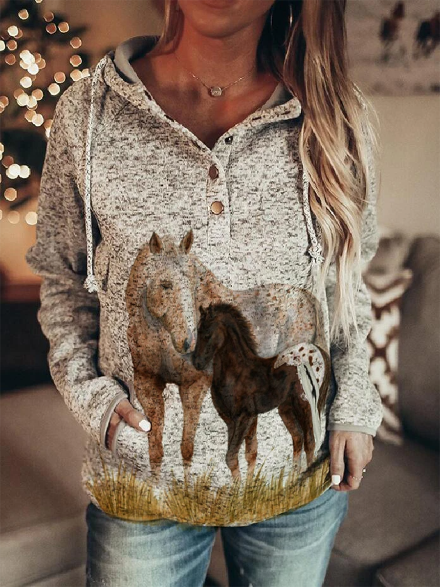 Horse Print Slot Pocket Snap Button Hooded Sweatshirt