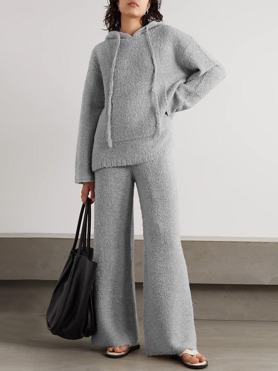 Lazy Simple Pure Color Casual Hooded Women'S Knitted Suit