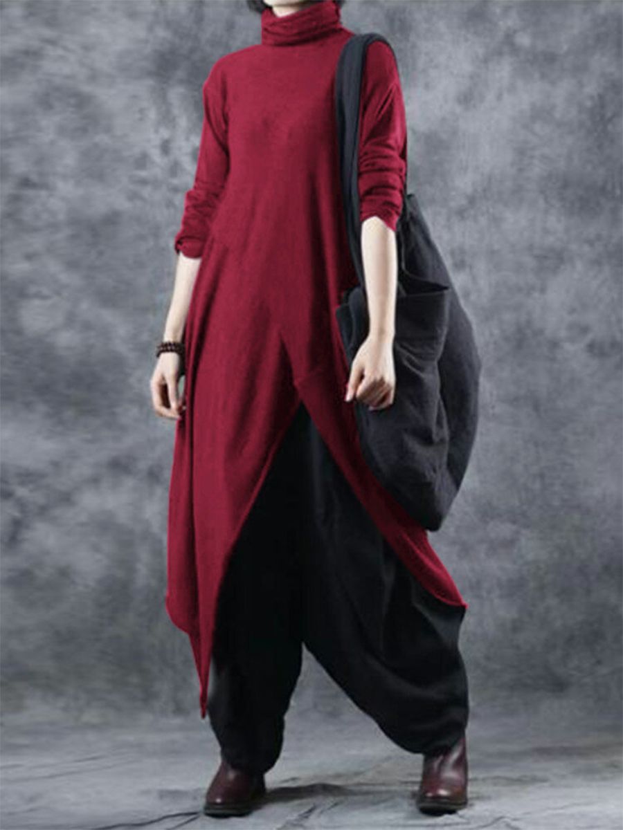 Retro High Neck Slit Casual Women'S Sweater