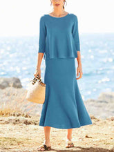 Load image into Gallery viewer, Simple Casual Loose Round Neck Half Sleeve Top Skirt Comfortable Knitted Suit
