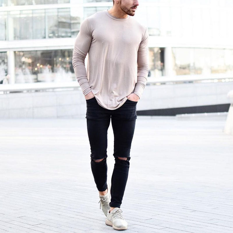 Slim-Fit Cotton Round Neck Street Long-Sleeved Men'S T-Shirt
